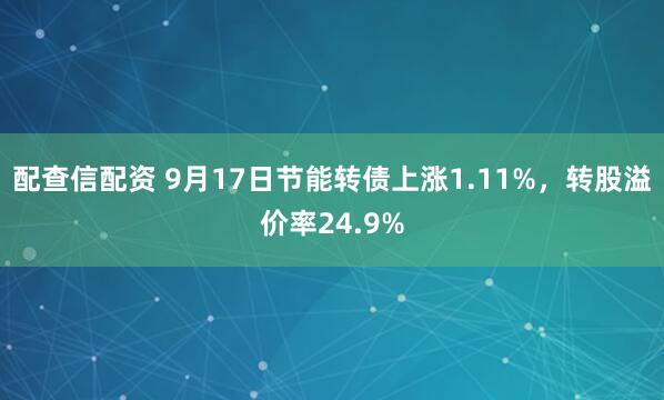 配查信配资 9月17日节能转债上涨1.11%，转股溢价率24.9%